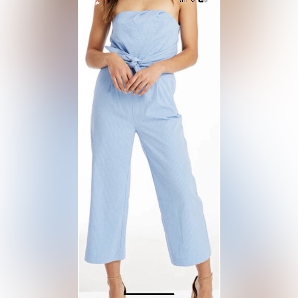 Vineyard Vines Blue Seersucker Strapless Tie Front Jumpsuit Size 0